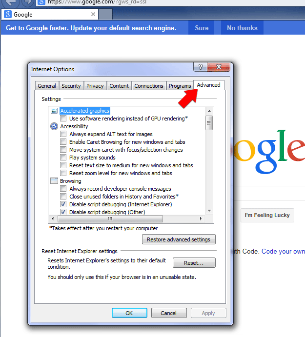 Step 2: Select the Advanced tab in IE Internet Options