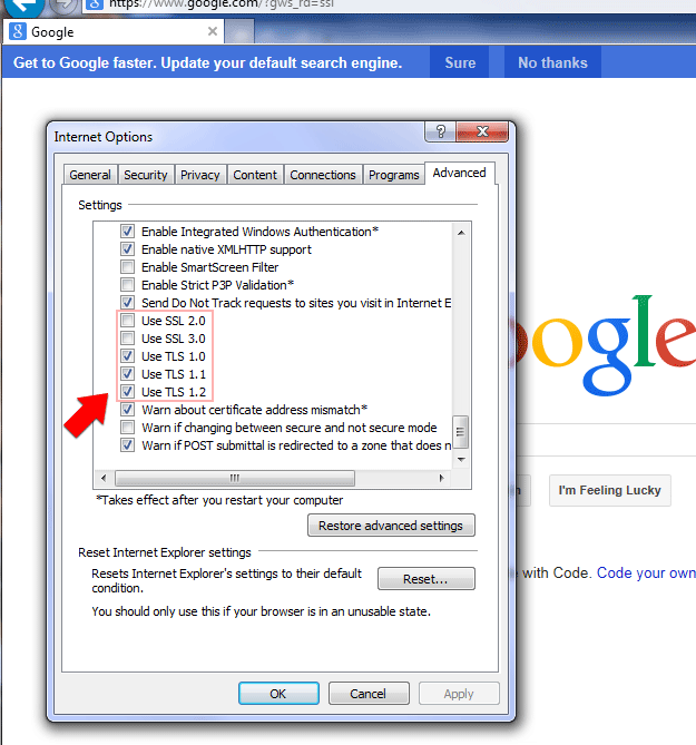 Step 3: Uncheck SSL and check TLS protocols in IE Advanced Internet Options