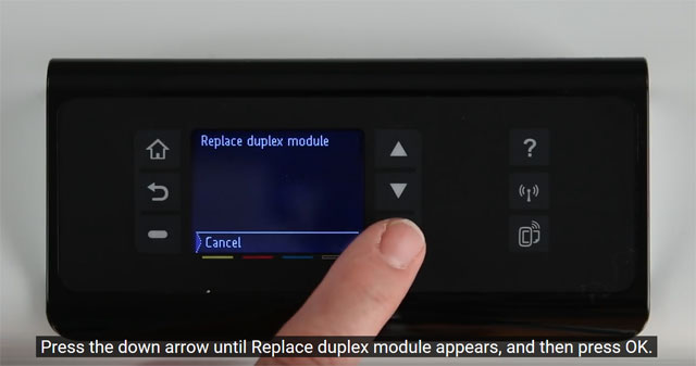 Press the down arrow to select Replace duplex module for your HP PageWide Pro 452dw printer.