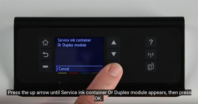 Press the up arrow to select Service Ink or Duplex Module on the HP PageWide Pro 452dn/dw control panel menu.