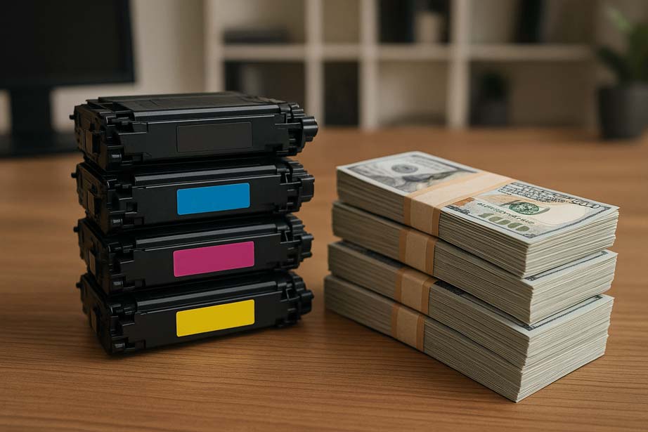Stack of toner cartridges sitting next to pile of money saved by buying compatible
