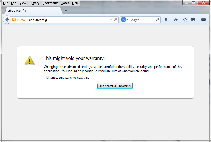 Step 1: Open Firefox and browse to the about:config page