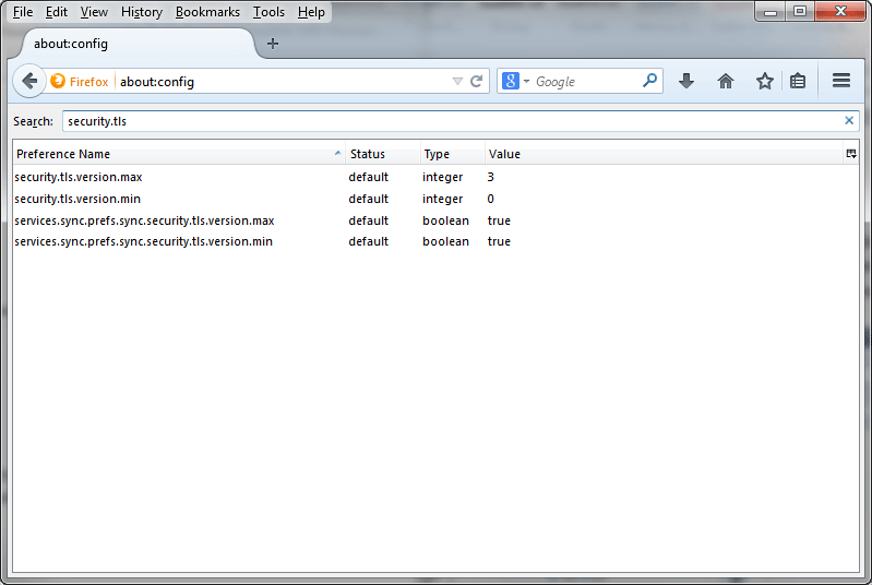 Step 2: Search Firefox config options for security.tls