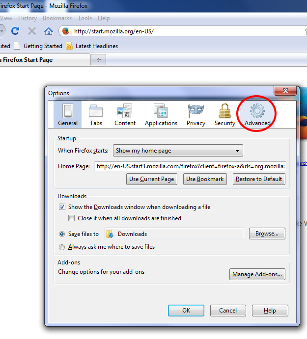 Step 2: Select the Advanced tab in Firefox Options