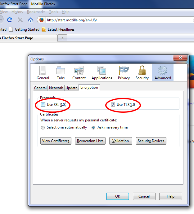 Step 3: Uncheck SSL 3.0 and check TLS 1.0 in Firefox Encryption options