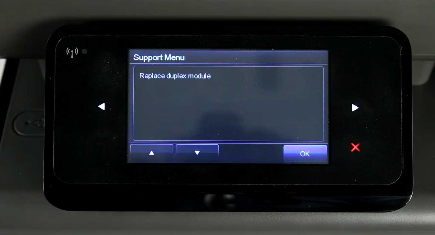 Press the down arrow until Replace duplex module appears on the menu of your HP OfficeJet Pro X476dn/dw MFP display.