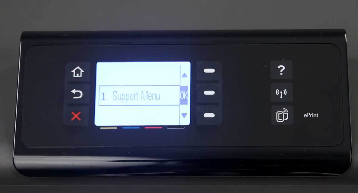 Press the OK arrow on your HP OfficeJet Pro x551dw to access the support menu screen.