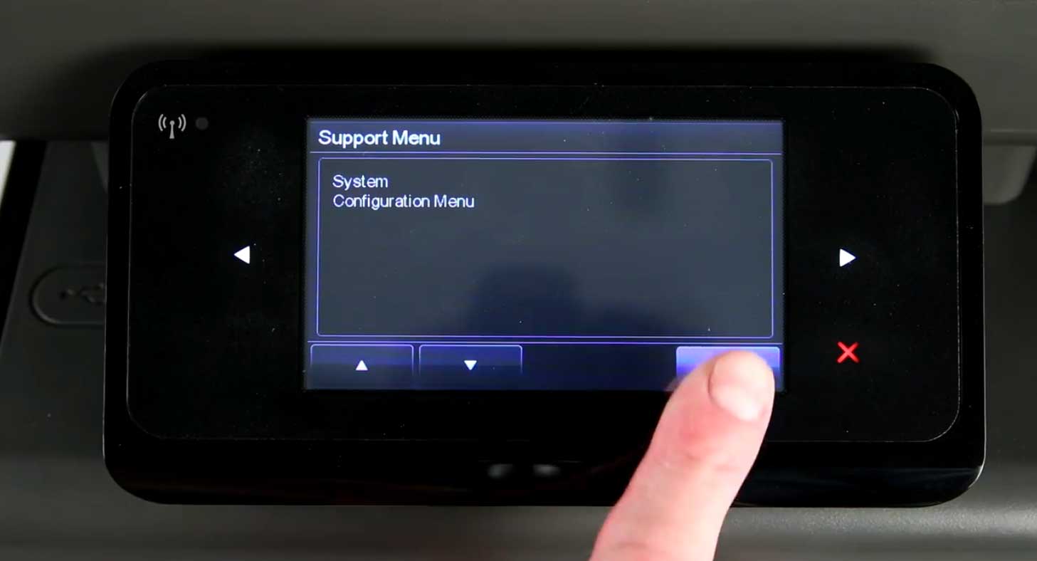 Press the down arrow on your HP OfficeJet x476dn/dw until System Configuration appears, then press the OK button.