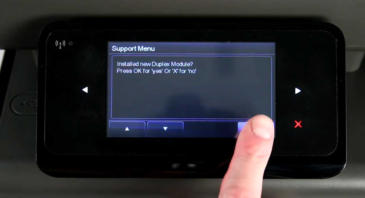 Press OK again to reset and confirm replacement of the duplex module on your HP OfficeJet X476dn printer.