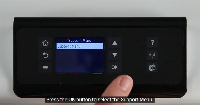 Press the OK button to select the Support Menu on your HP PageWide Pro 452dw printer.