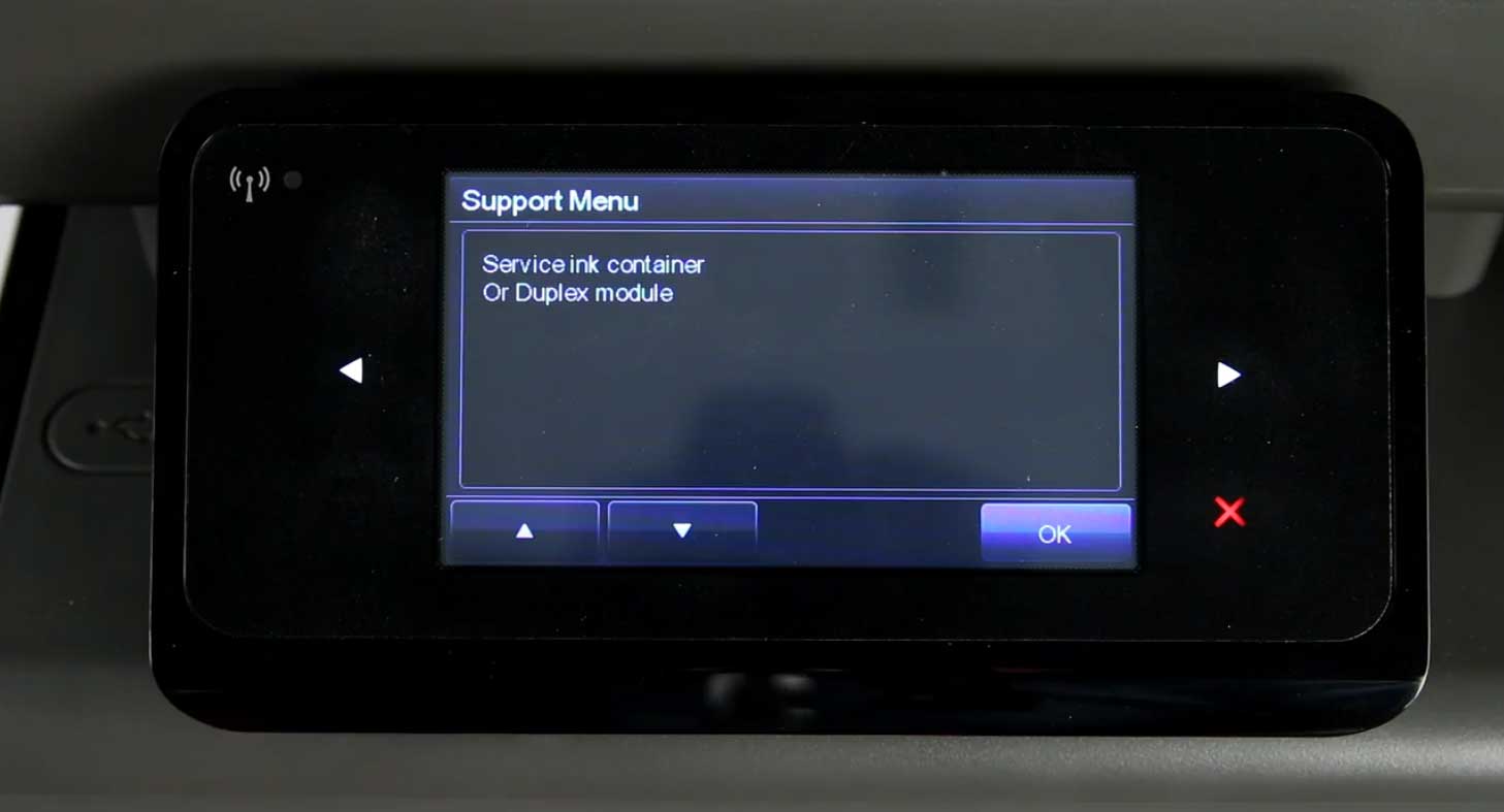 Press the up arrow until Service ink container Or Duplex module appears on your HP OfficeJet Pro X551dw/X576dw MFP display.