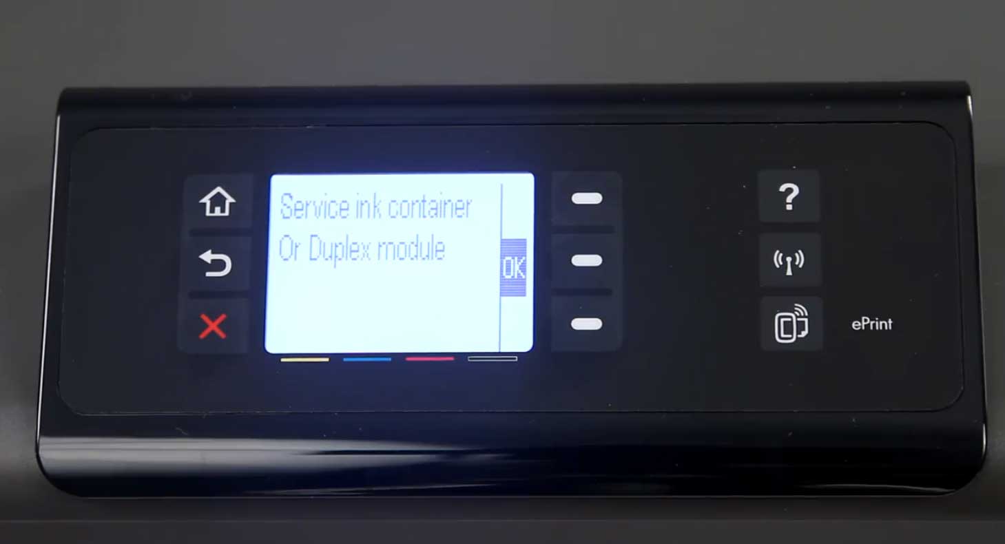 Press the down arrow button on your HP OfficeJet control panel until the Service Ink Container or Duplex Module appears on the screen. Then press the OK button.