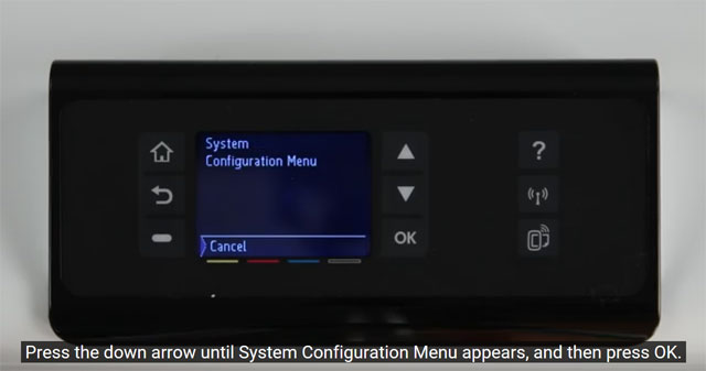 Press the down arrow until the System Configuration Menu appears on your HP PageWide Pro 452dw.