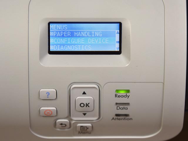 Step 2: Press the down arrow button on your printer’s panel until CONFIGURE DEVICE is highlighted.  Press OK.