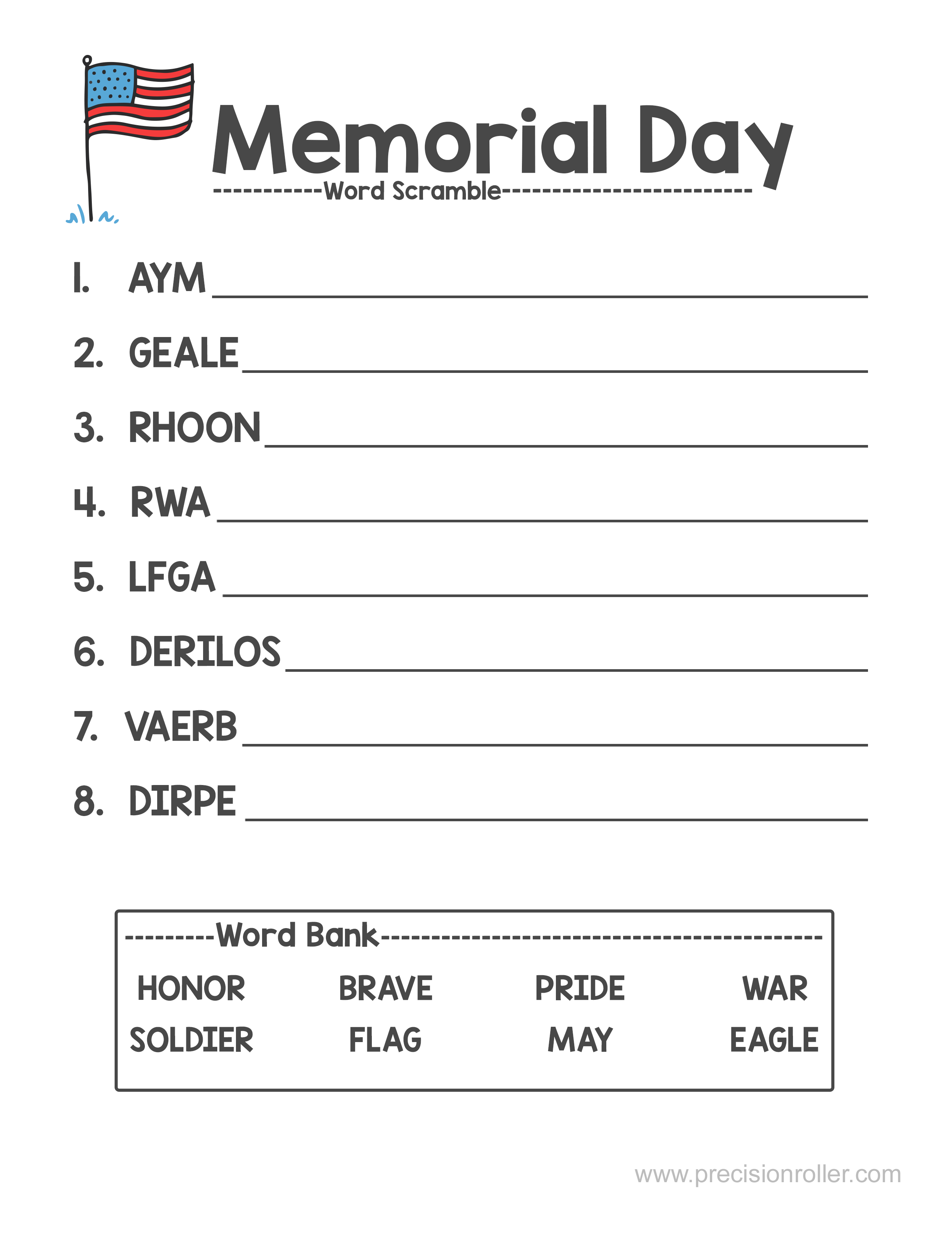 Memorial Day-Themed Word Scramble - Precision Printables