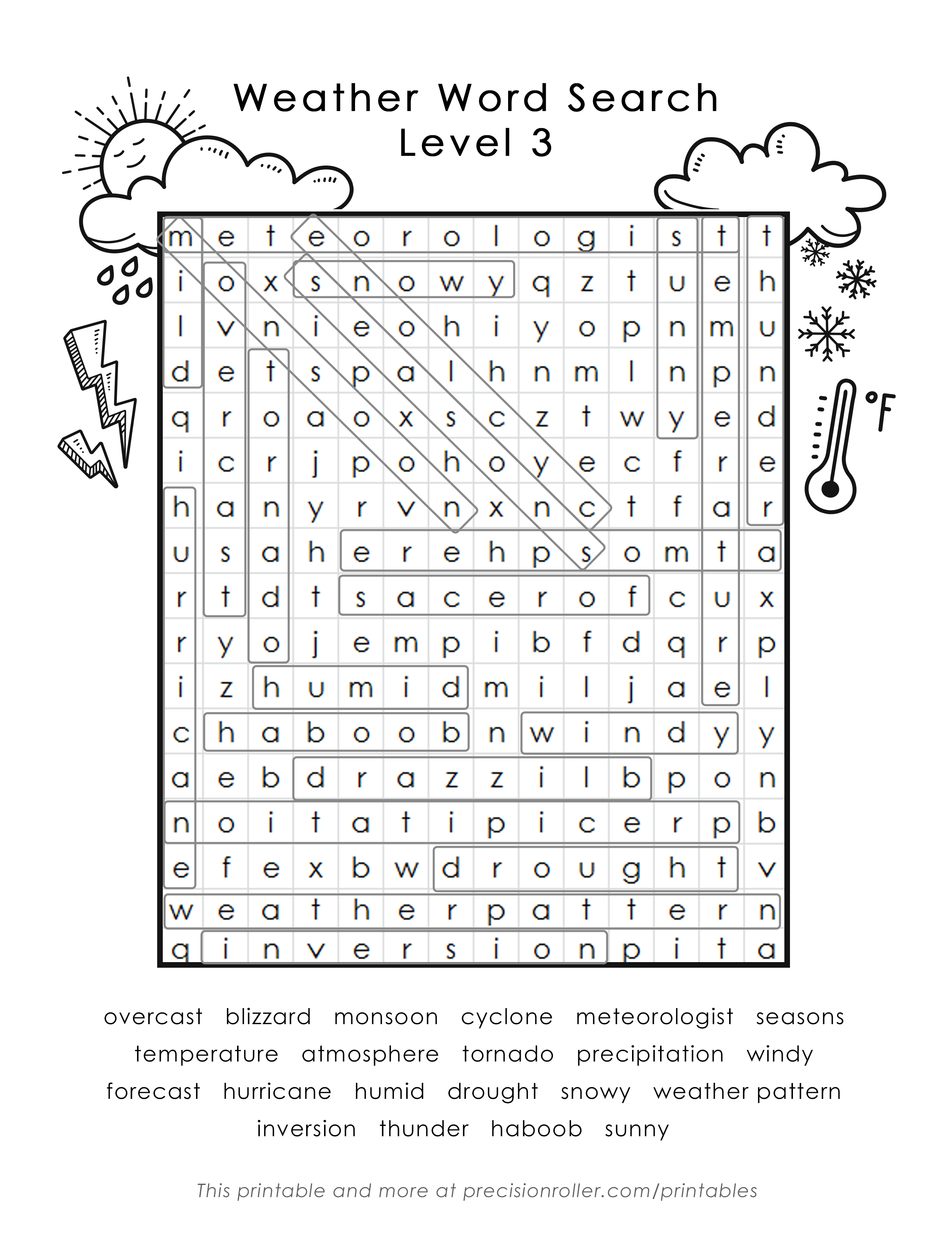weather themed word search precision printables